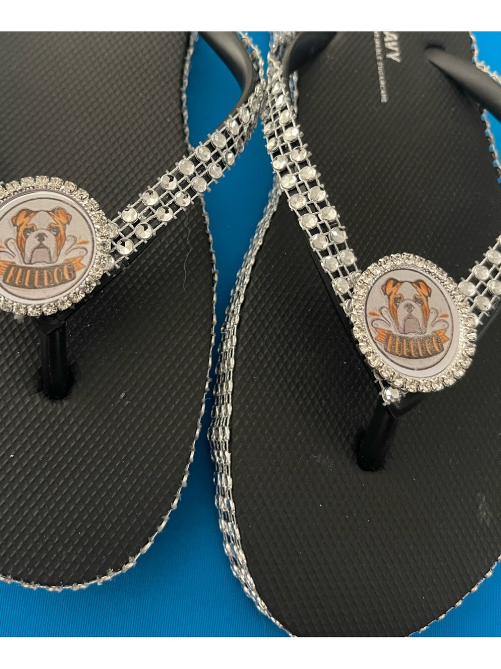 Women's Black Rhinestone T-Strap Sandals with Bulldog Medallion